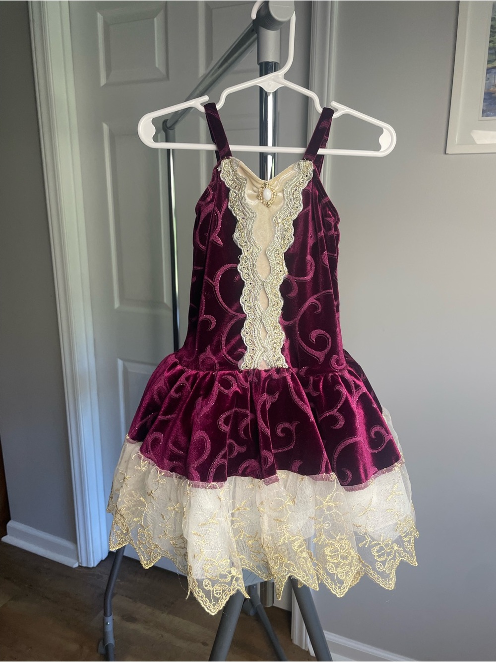 Girls Burgundy Velvet and Gold Lace Recital Costume